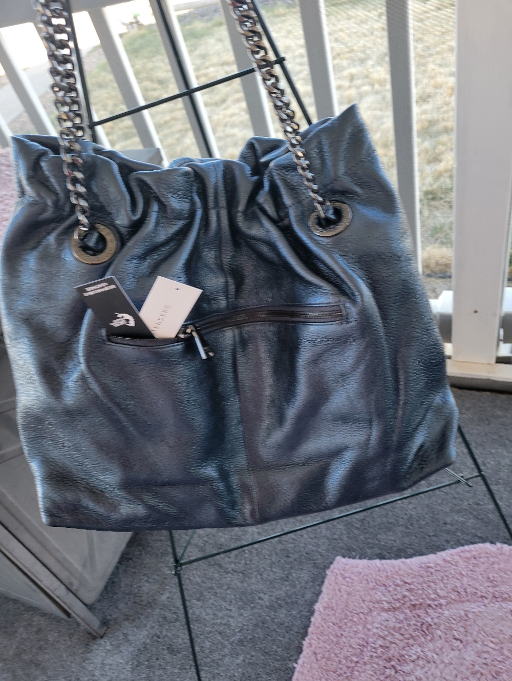 Classic Metalic Navy Genuion Leather Chain-Handle Women’s Tote - Picture 6 of 9